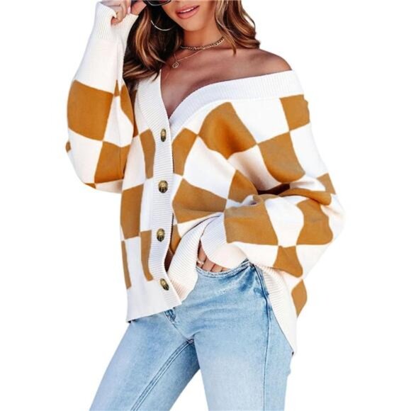 New With Tags Sweaters - NEW Womens Plaid V Neck Button Down Long Sleeve Cable Knit Oversized Cardigan